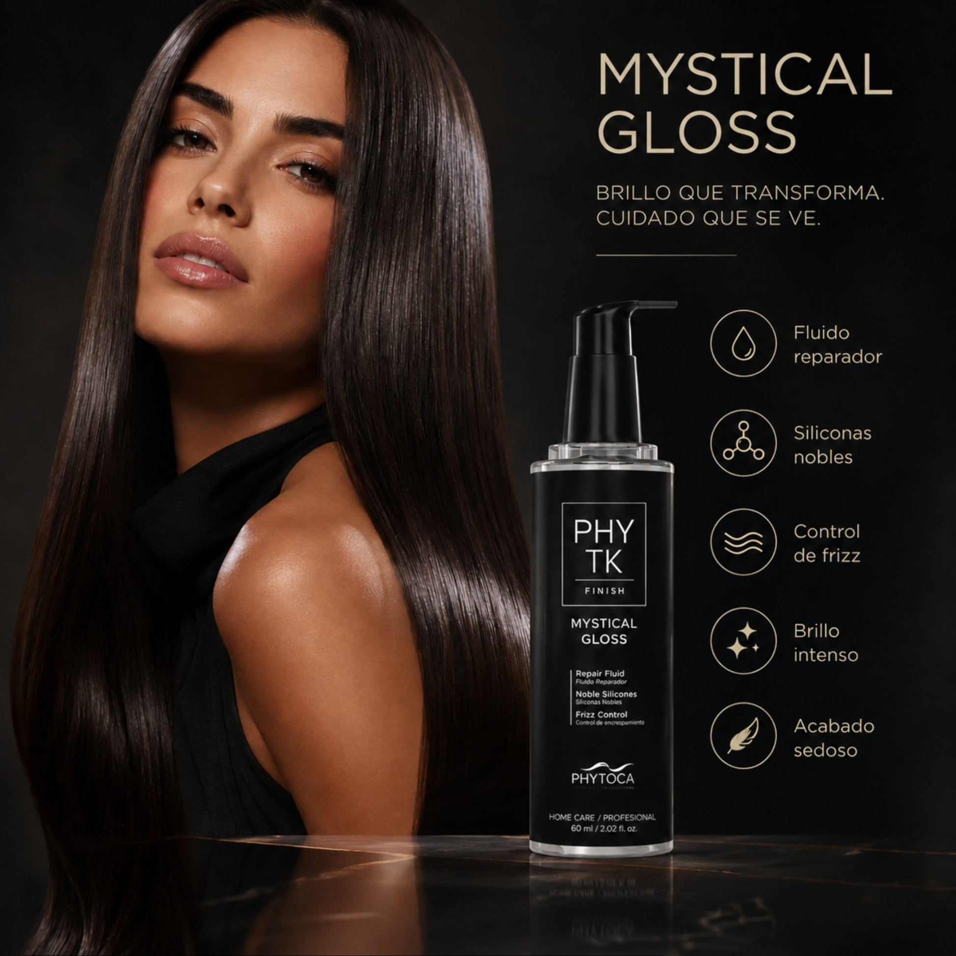 Modelo con cabello brillante y sedoso junto al serum capilar Phytoca USA Mystical Gloss en envase negro con dosificador