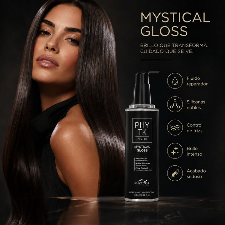 Modelo con cabello brillante y sedoso junto al serum capilar Phytoca USA Mystical Gloss en envase negro con dosificador