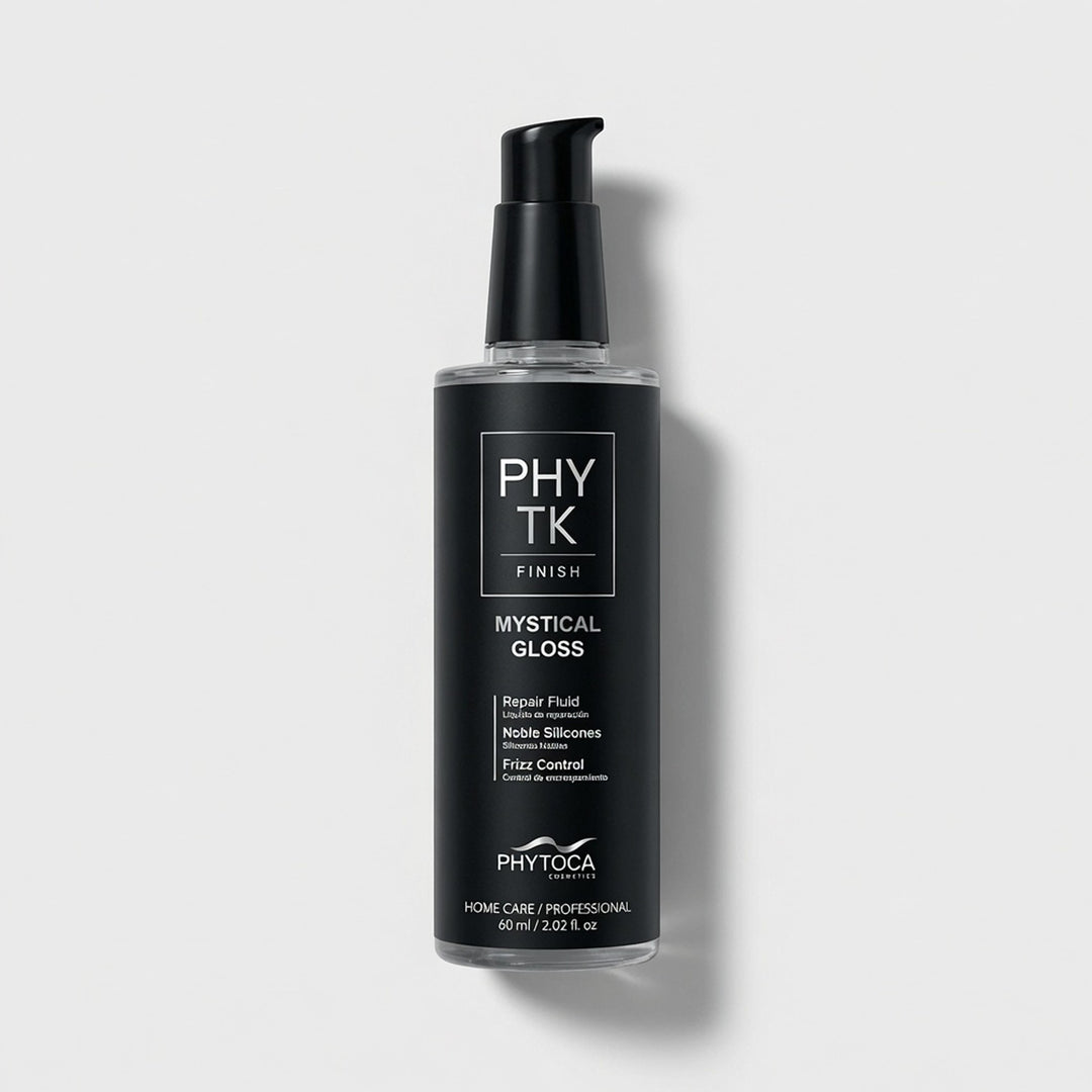 Serum capilar Phytoca USA Mystical Gloss con siliconas nobles para control de frizz y brillo intenso en frasco negro.