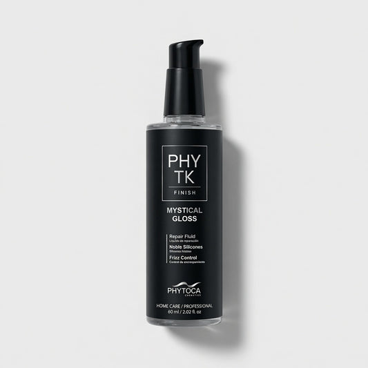 Serum capilar Phytoca USA Mystical Gloss con siliconas nobles para control de frizz y brillo intenso en frasco negro.