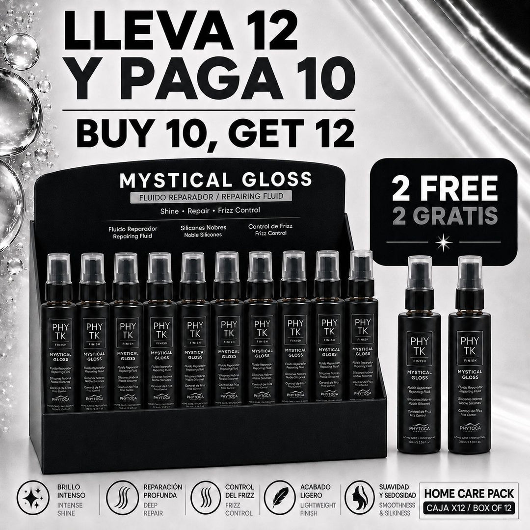 Pack de 12 sérums capilares Phytoca USA Mystical Gloss para brillo intenso y control de frizz en envases negros