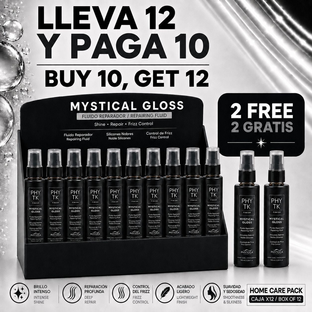 Pack de 12 sérums capilares Phytoca USA Mystical Gloss para brillo intenso y control de frizz en envases negros