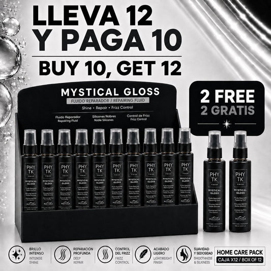 Pack de 12 sérums capilares Phytoca USA Mystical Gloss para brillo intenso y control de frizz en envases negros