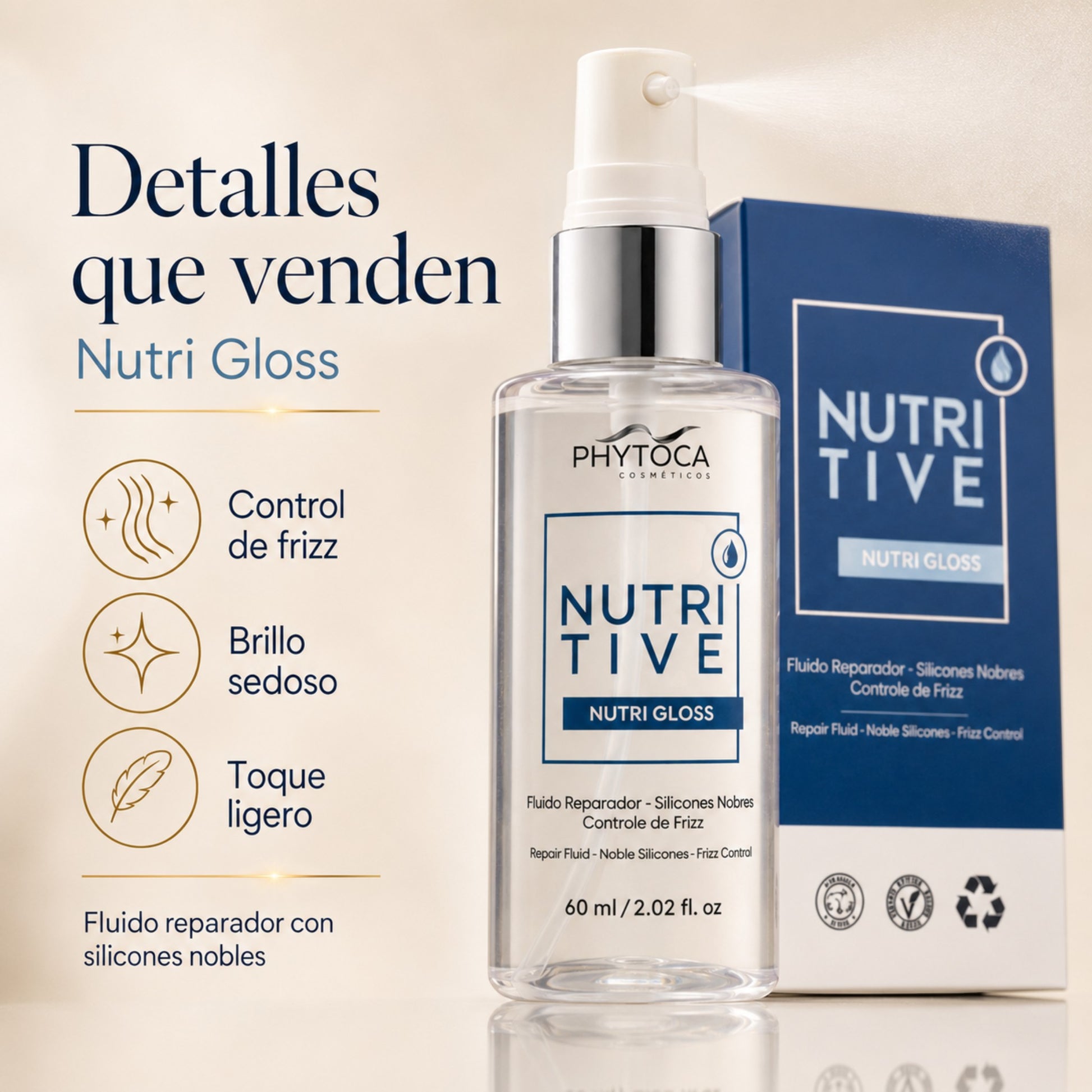 Fluido reparador Nutri Gloss de Phytoca USA en frasco con atomizador, ideal para control de frizz y brillo sedoso.