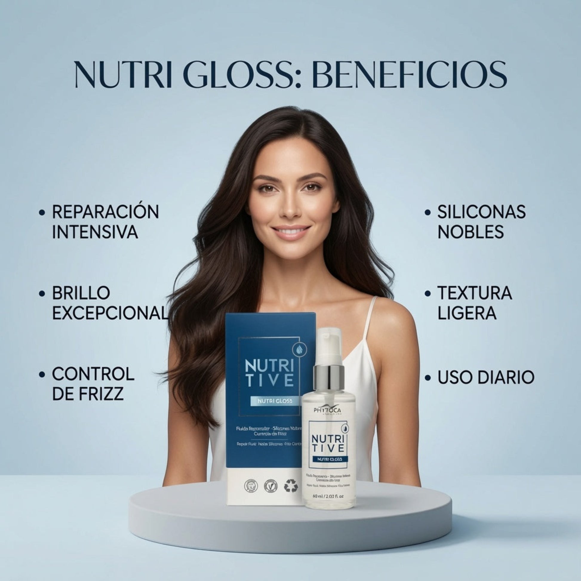 Mujer sonriente con cabello brillante junto al tratamiento capilar Nutri Gloss de Phytoca USA sobre base circular