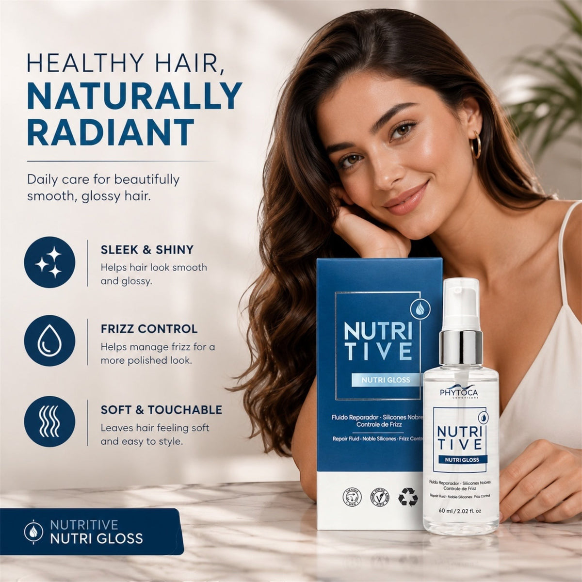 Mujer sonriente junto al tratamiento capilar Phytoca USA Nutri Gloss para cabello brillante y sin frizz