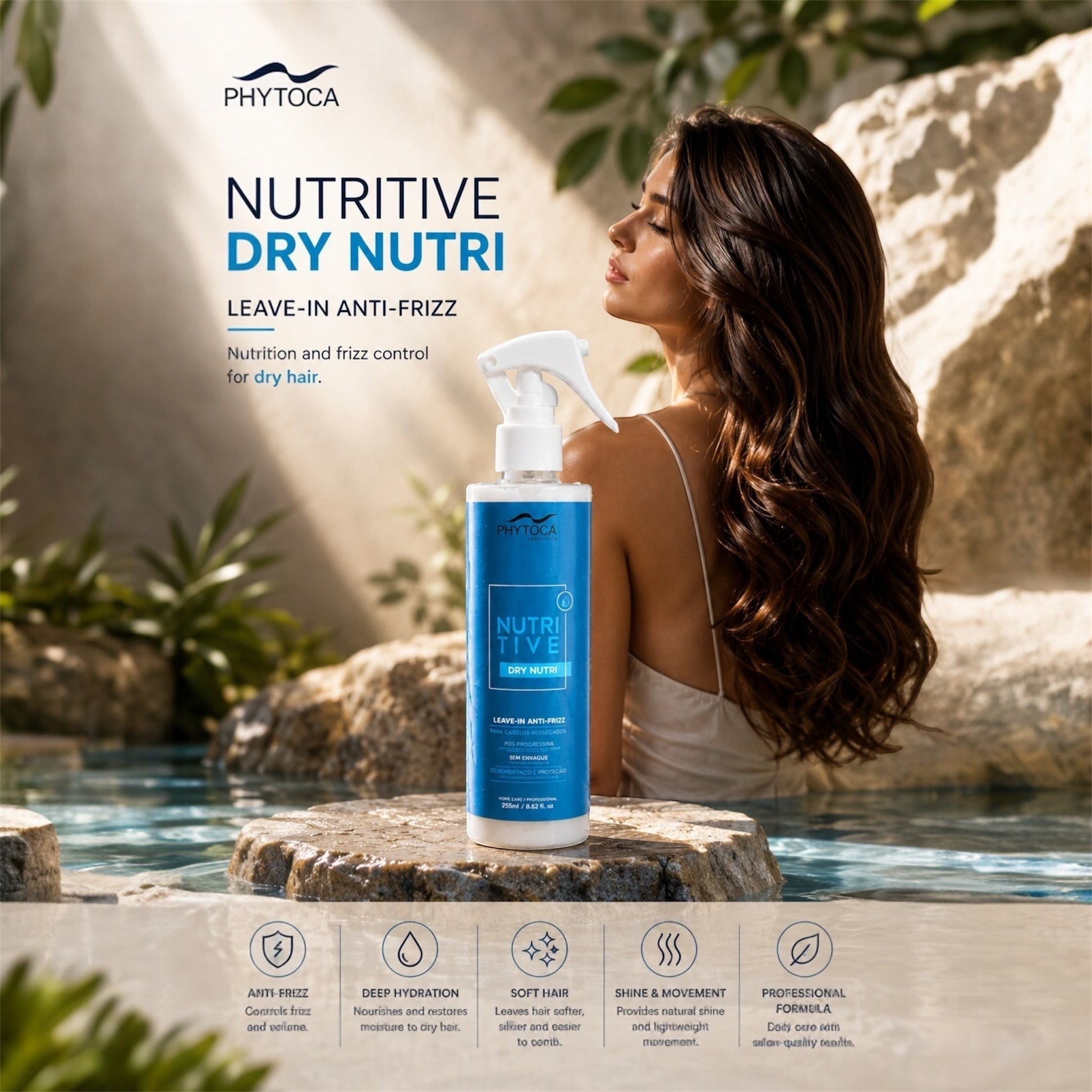 Spray leave-in Phytoca USA Nutritive Dry Nutri para hidratación y control de frizz en cabello seco junto a una modelo