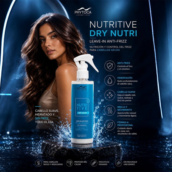Spray leave-in Phytoca USA Nutritive Dry Nutri para cabello seco con modelo, hidratación y protección térmica