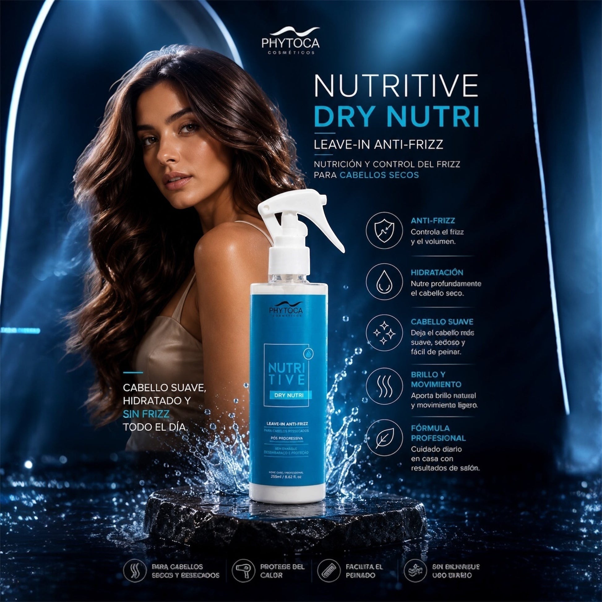 Spray leave-in Phytoca USA Nutritive Dry Nutri para cabello seco con modelo, hidratación y protección térmica