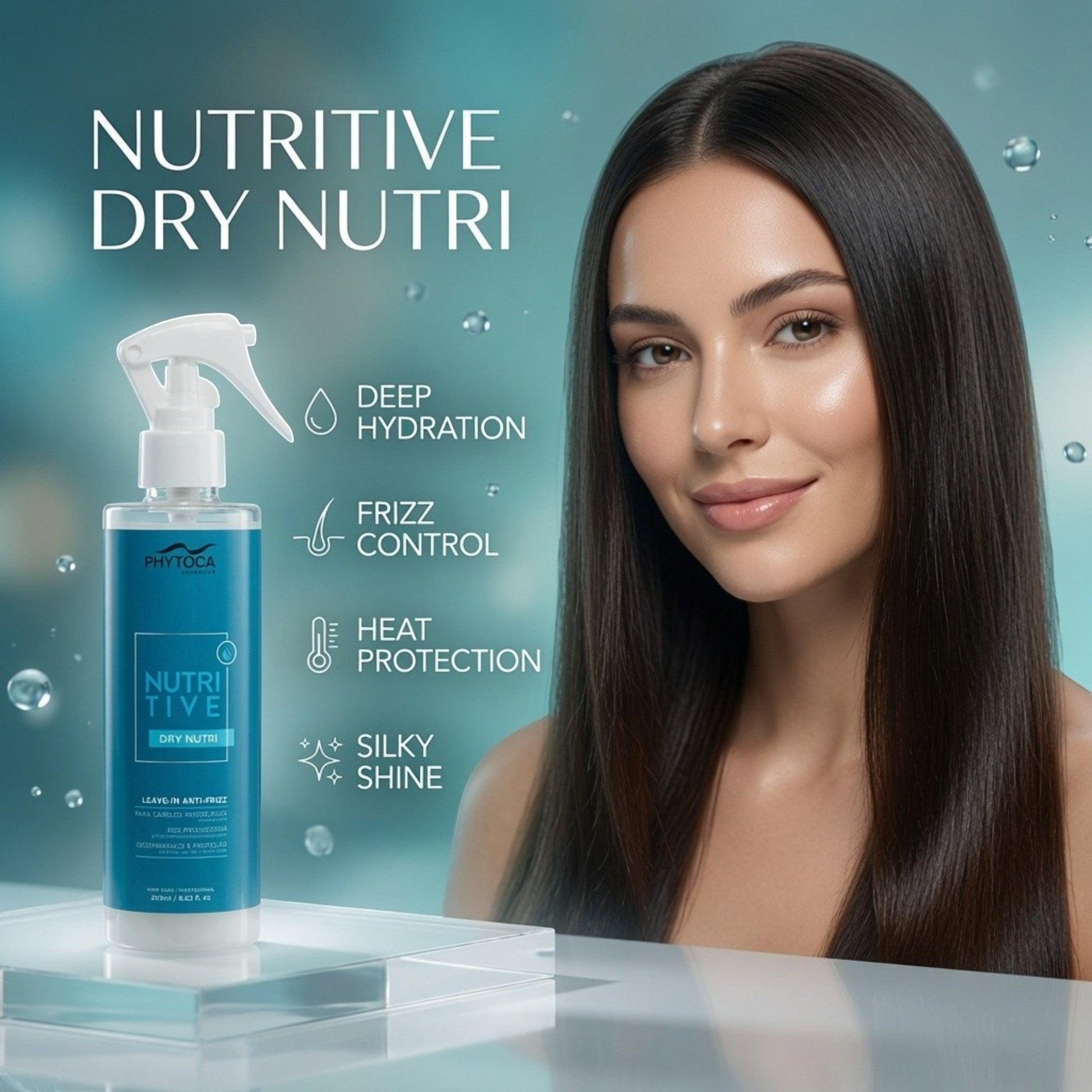Spray Phytoca USA Nutritive Dry Nutri junto a una mujer de cabello liso y brillante con beneficios de hidratación y calor