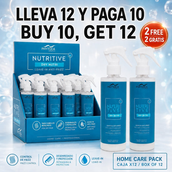 Pack de 12 Phytoca USA Nutritive Dry Nutri, spray leave-in protector térmico y anti-frizz para cabello seco y dañado.