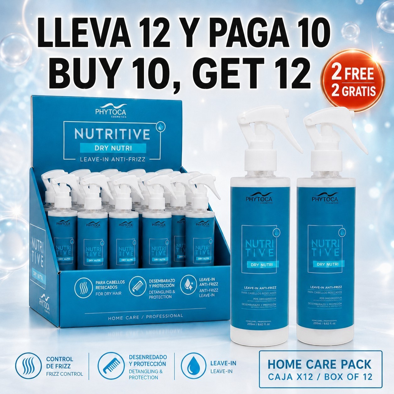 Pack de 12 Phytoca USA Nutritive Dry Nutri, spray leave-in protector térmico y anti-frizz para cabello seco y dañado.