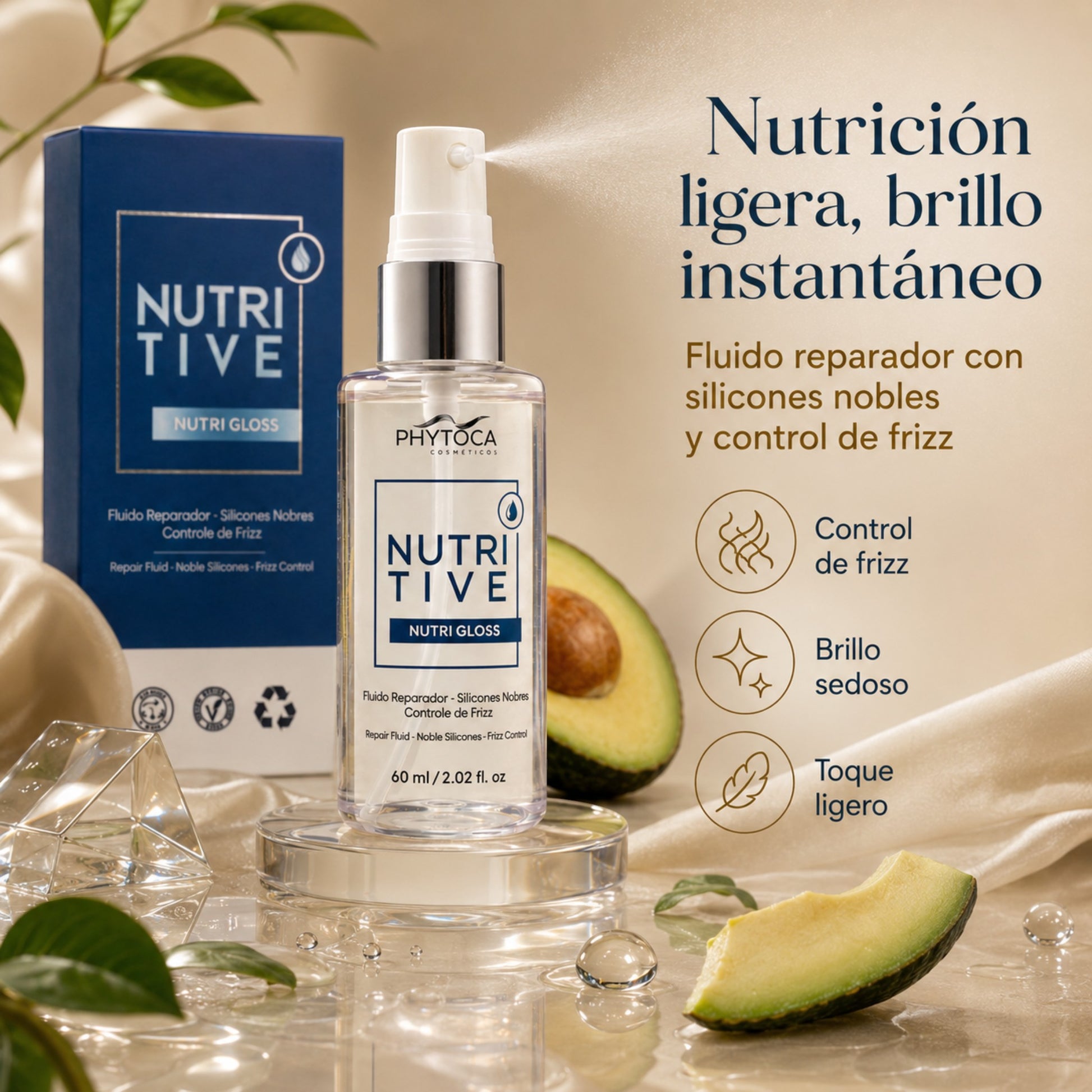 Fluido reparador Nutritive Nutri Gloss de Phytoca USA con siliconas para brillo, control de frizz y nutrición capilar.