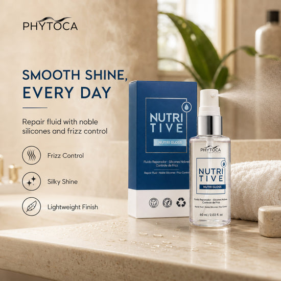 Fluido reparador Phytoca USA Nutritive Nutri Gloss con siliconas para control de frizz y brillo sedoso en baño