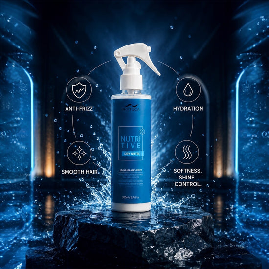 Spray Phytoca USA Nutritive Dry Nutri para cabello seco con protección térmica y control de frizz sobre roca