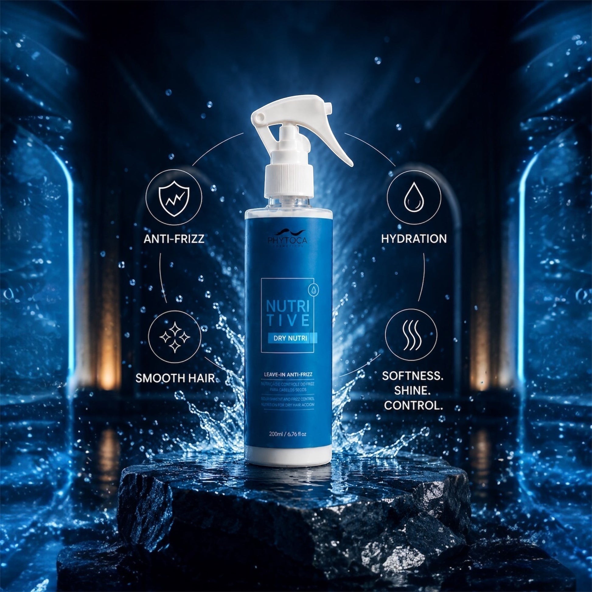 Spray Phytoca USA Nutritive Dry Nutri para cabello seco con protección térmica y control de frizz sobre roca