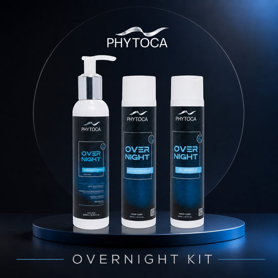 Kit de cuidado capilar Phytoca USA Overnight con champú, acondicionador y tratamiento nocturno en envases azules.
