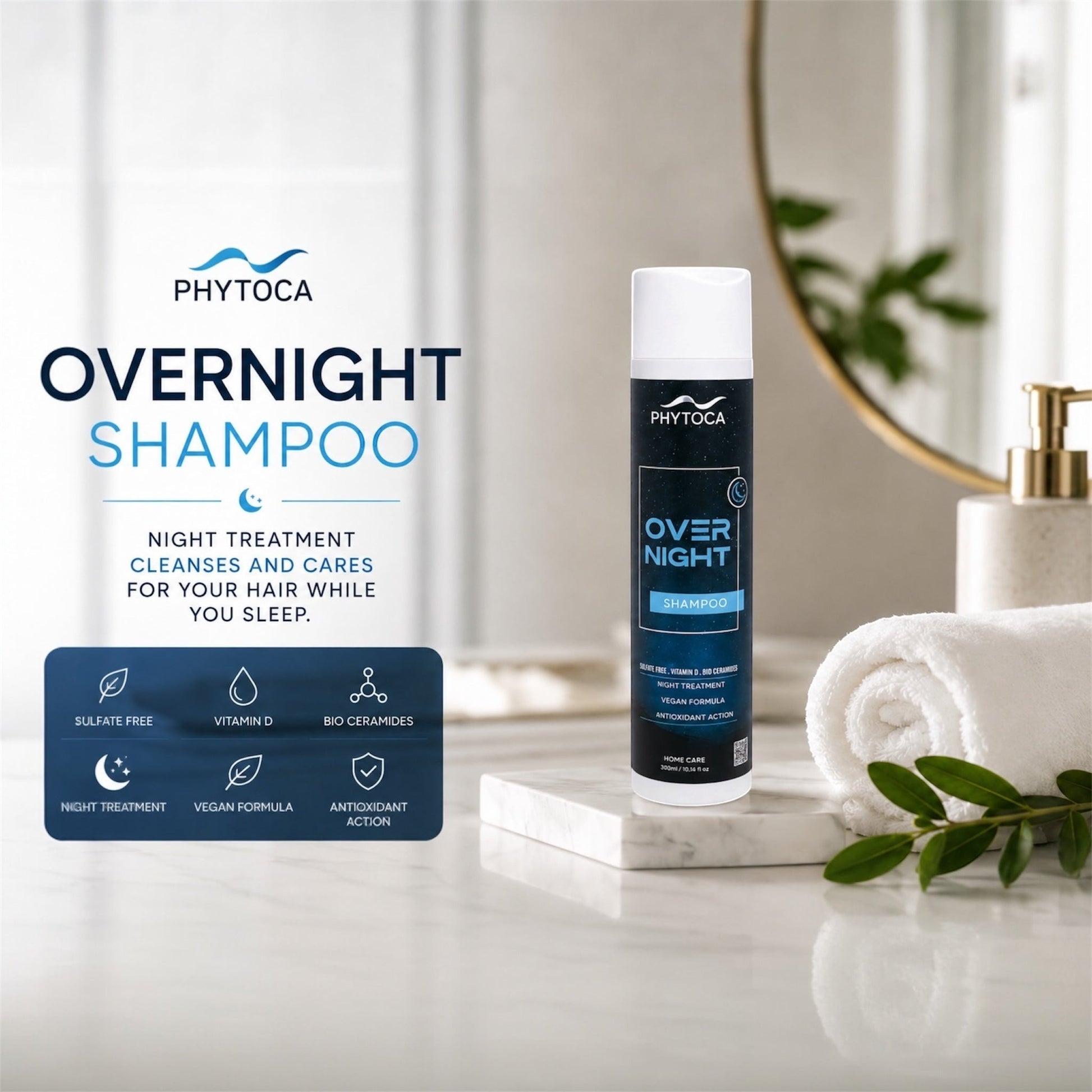 Champú Phytoca USA Overnight para cabello seco en envase cilíndrico blanco y azul sobre encimera de mármol