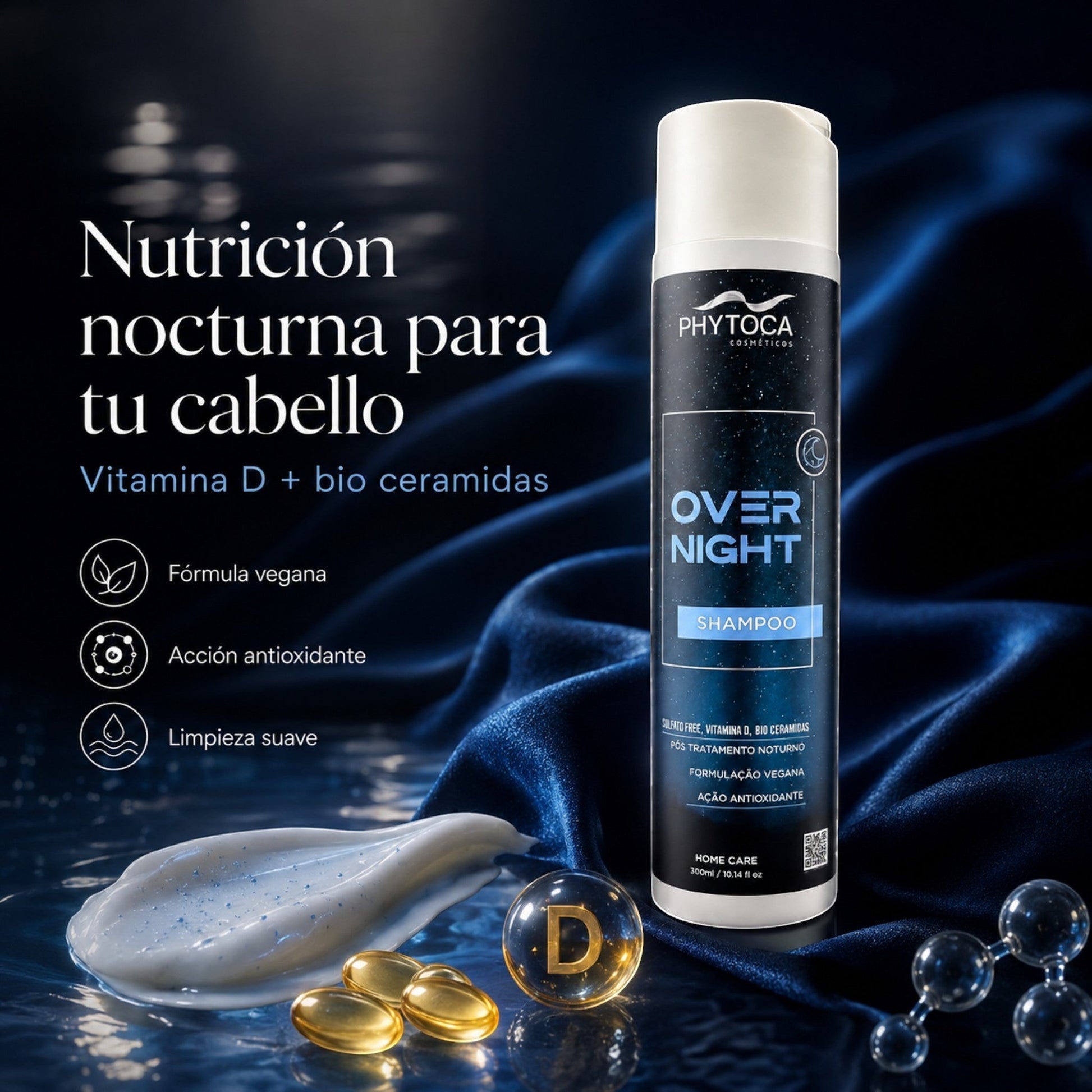 Champú Phytoca USA Overnight con vitamina D y bioceramidas sobre tela azul satinada con textura cremosa
