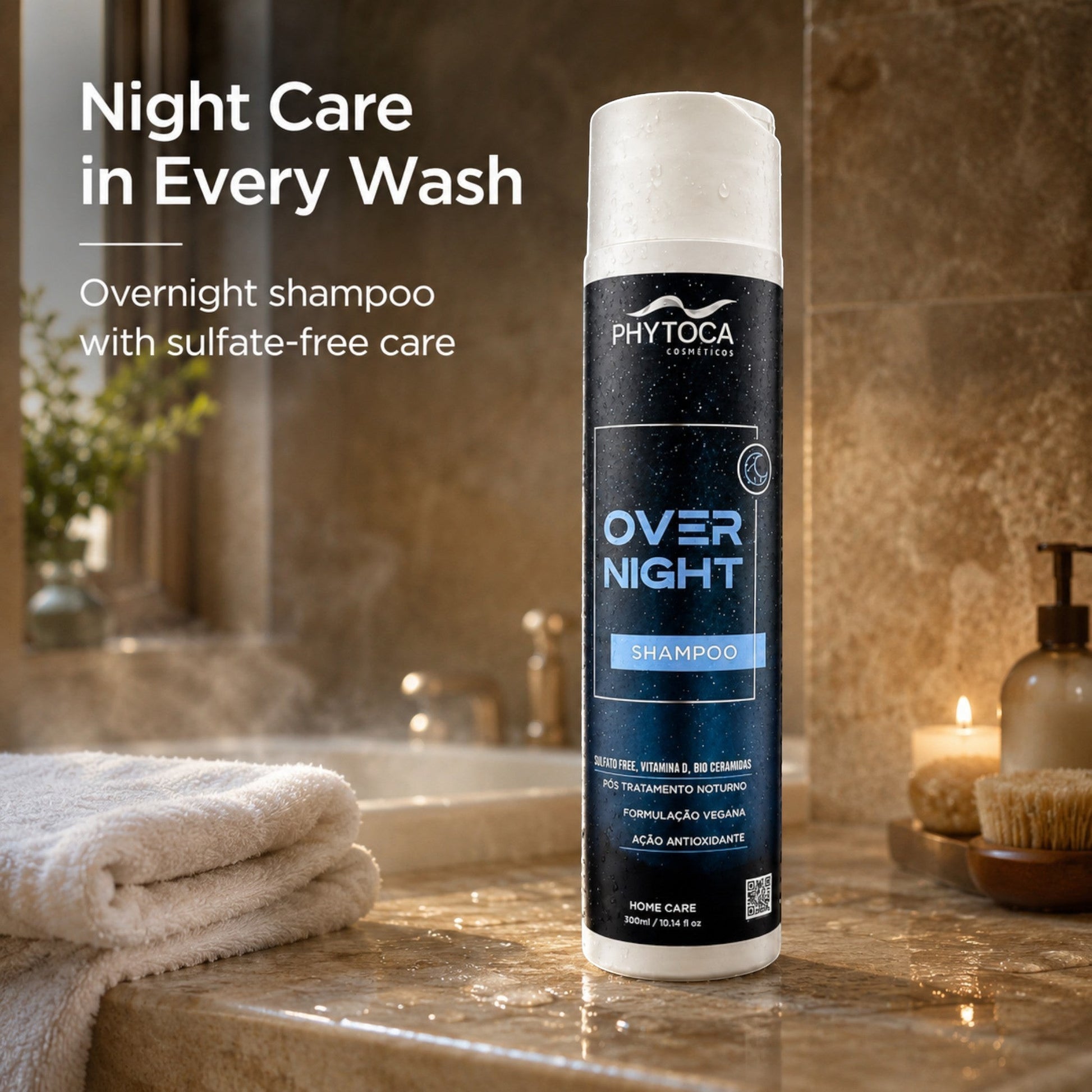 Champú Phytoca USA Overnight sin sulfatos para cabello seco en envase cilíndrico sobre encimera de baño