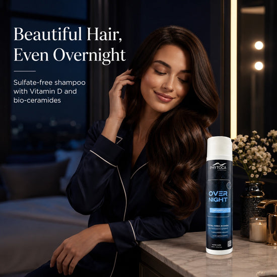 Champú Phytoca USA Overnight sin sulfatos para cabello seco, con vitamina D y ceramidas, junto a mujer sonriente