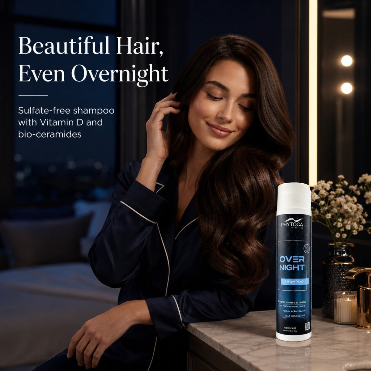 Champú Phytoca USA Overnight sin sulfatos para cabello seco, con vitamina D y ceramidas, junto a mujer sonriente