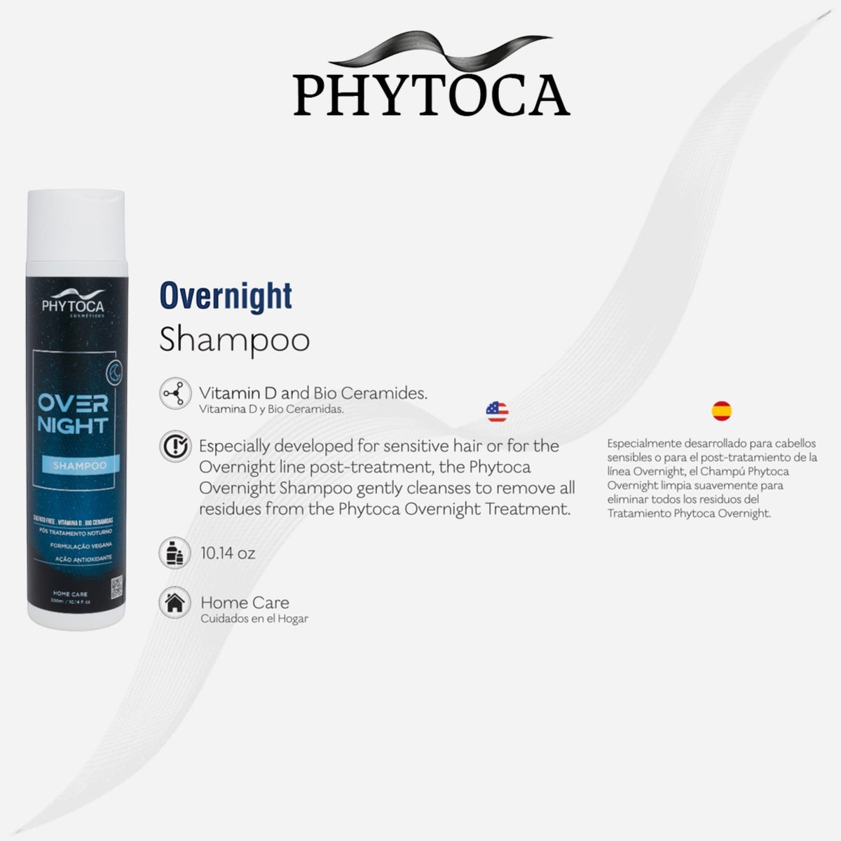 Champú Phytoca USA Overnight para cabello seco y deshidratado, fórmula vegana sin sal ni sulfatos con vitamina D.