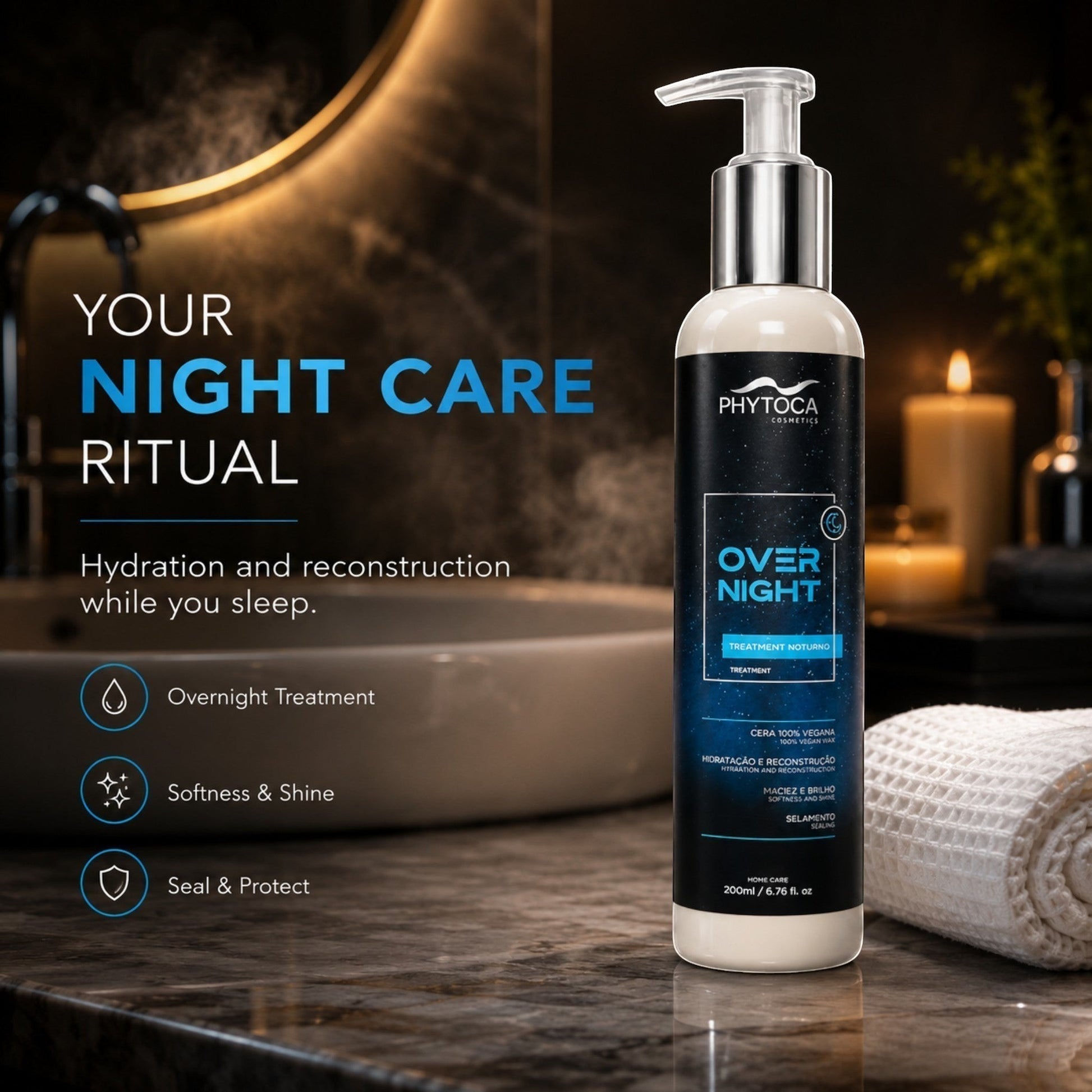 Botella de Phytoca USA Overnight Treatment con dosificador sobre encimera de mármol en un baño elegante