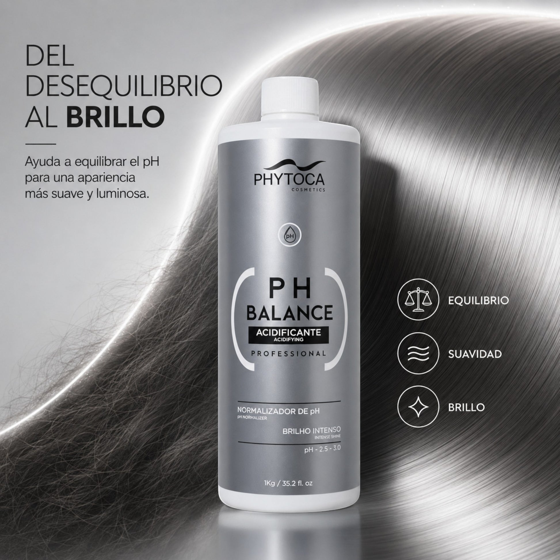 Botella de Phytoca USA PH Balance acidificante profesional sobre fondo de cabello brillante y sedoso