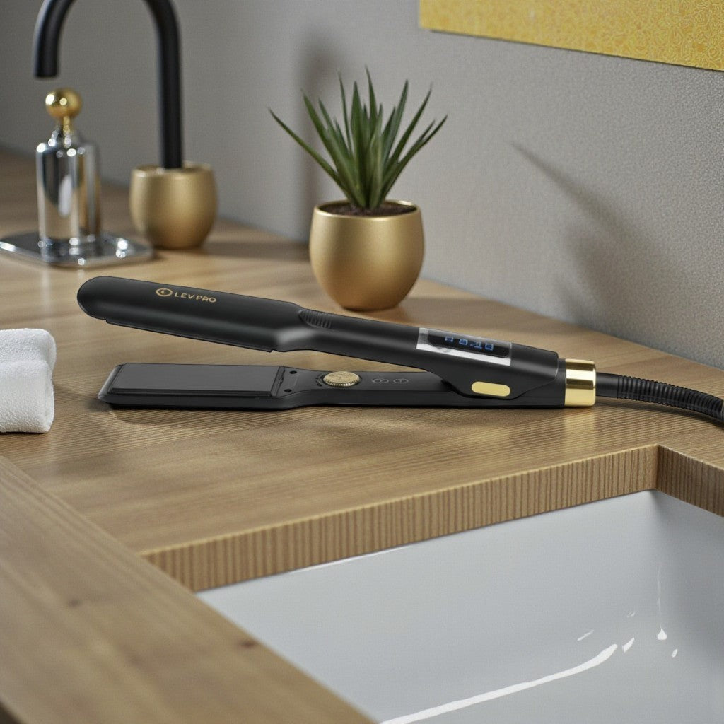 Plancha de pelo profesional Phytoca USA de titanio negro con pantalla digital LED y detalles en dorado
