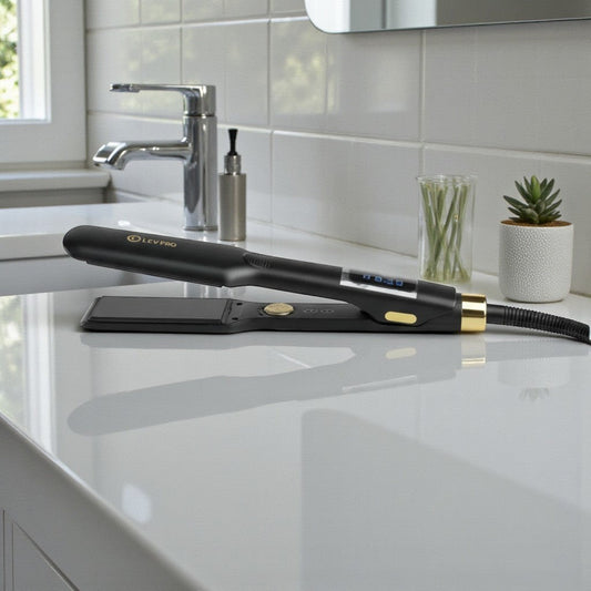 Plancha de pelo profesional Phytoca USA L.E.V de titanio negro con pantalla digital LED y diseño elegante