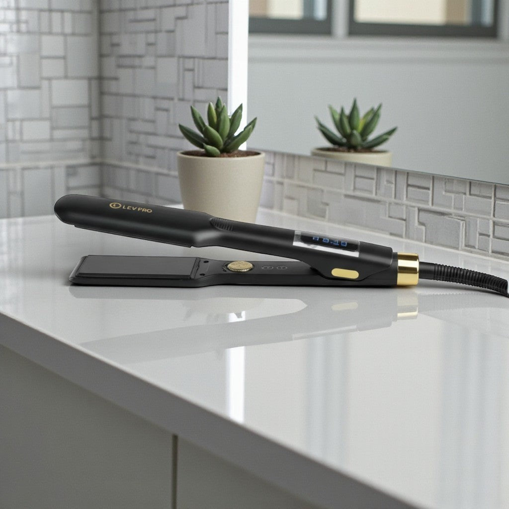 Plancha de pelo profesional Phytoca USA de titanio negro con pantalla digital LED y diseño elegante en un baño