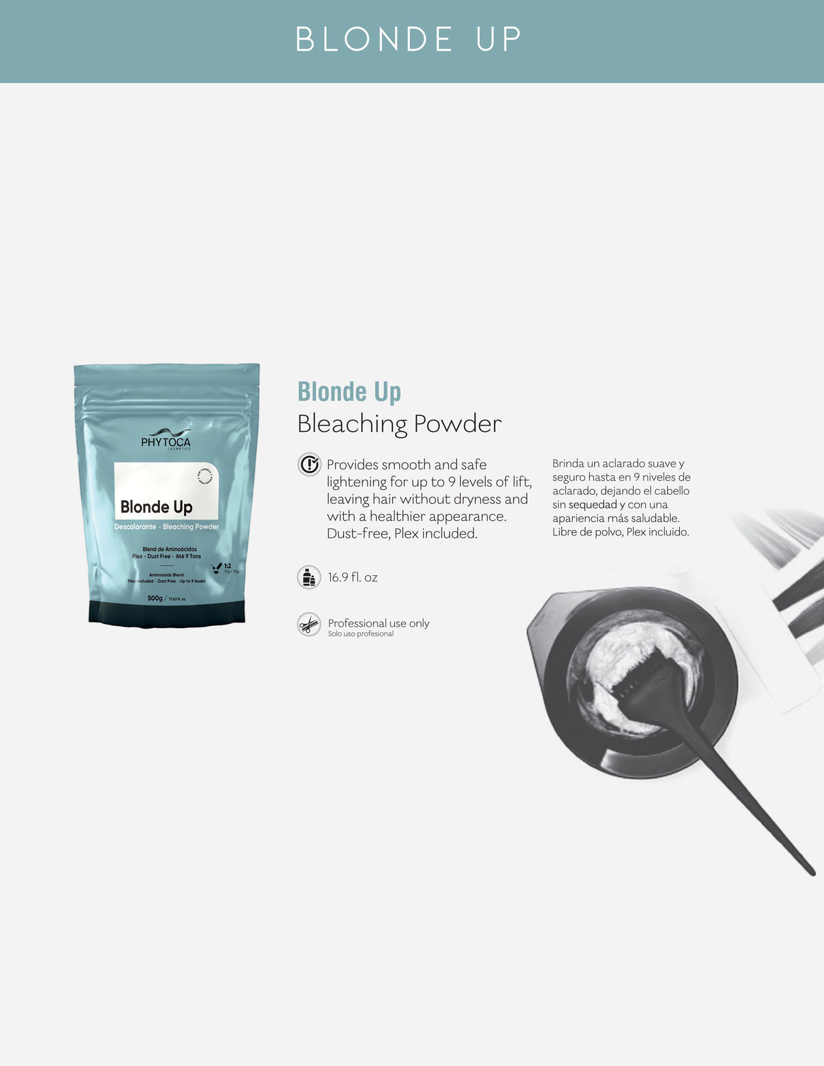 Polvo decolorante Phytoca USA Blonde Up para aclarar hasta 9 tonos con tecnología Plex en envase de 500g