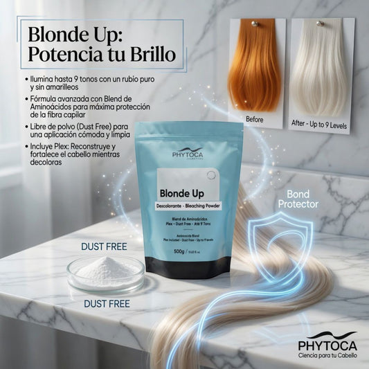 Polvo decolorante Phytoca USA Blonde Up con Plex para aclarar hasta 9 tonos, incluye muestras de cabello antes y después
