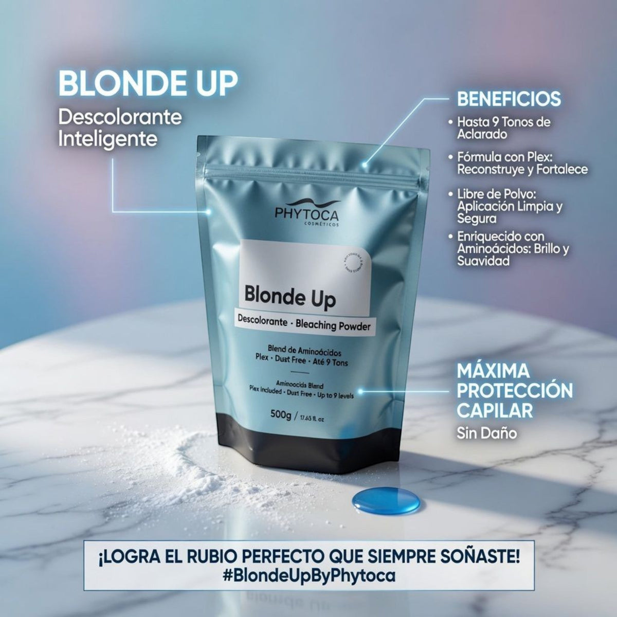 Polvo decolorante Phytoca USA Blonde Up de 500g con tecnología Plex para aclarar hasta 9 tonos sin dañar el cabello