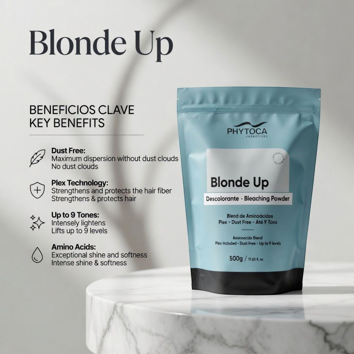 Polvo decolorante Phytoca USA Blonde Up de 500g con tecnología Plex para aclarar hasta 9 tonos sin polvo