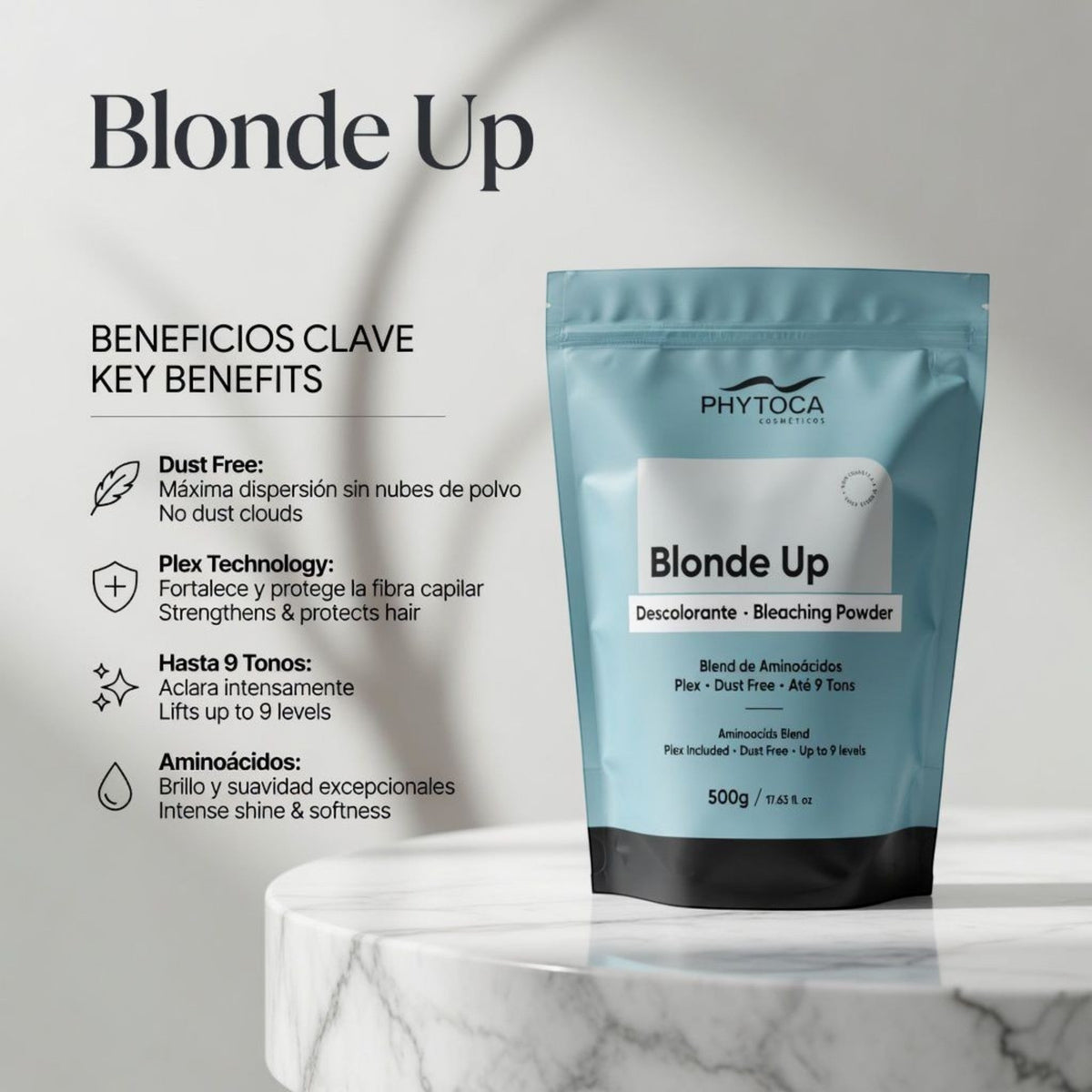 Polvo decolorante Phytoca USA Blonde Up de 500g con tecnología Plex para aclarar hasta 9 tonos sin polvo