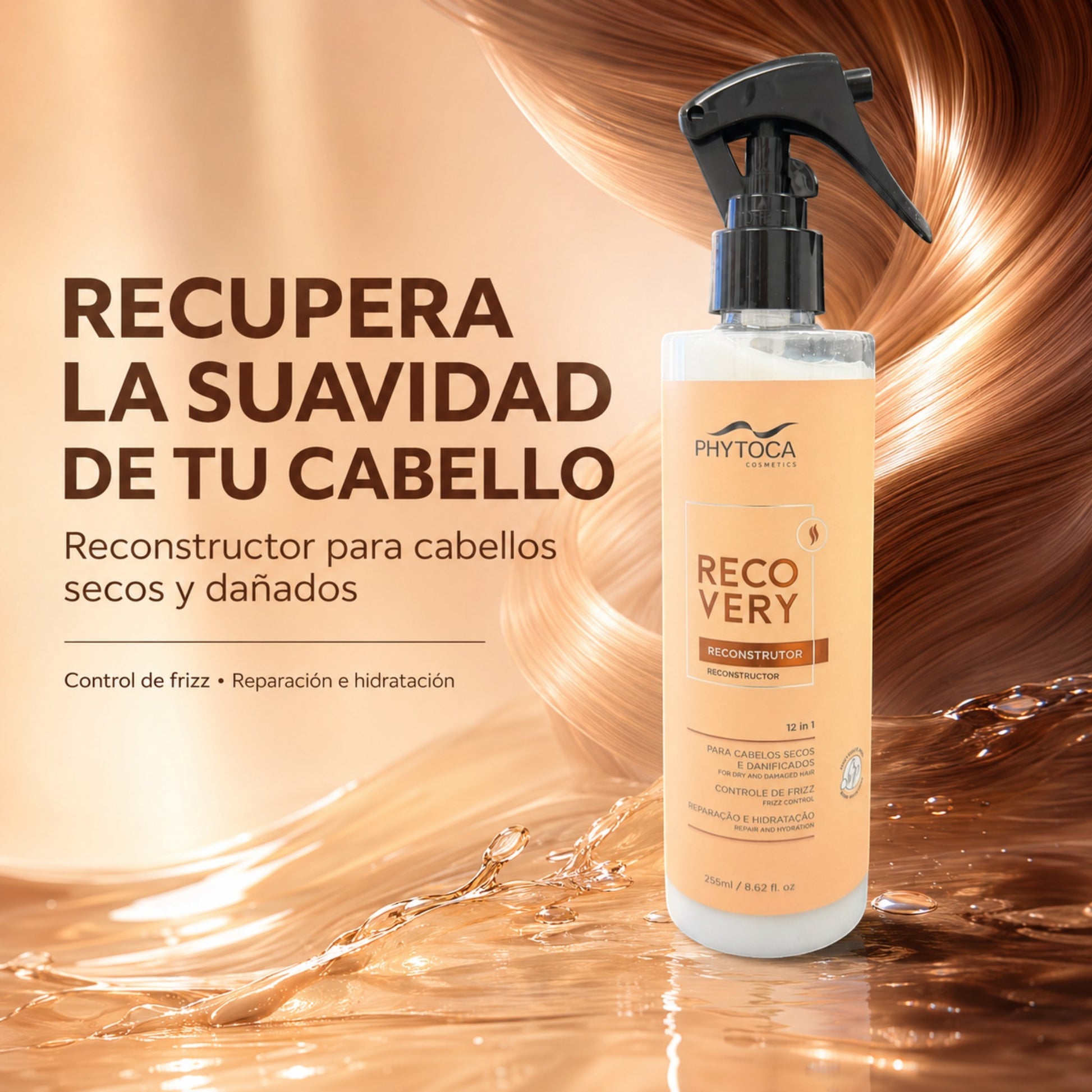 Reconstructor capilar Phytoca USA Recovery 12 en 1 en spray para reparar cabello seco y dañado con control de frizz