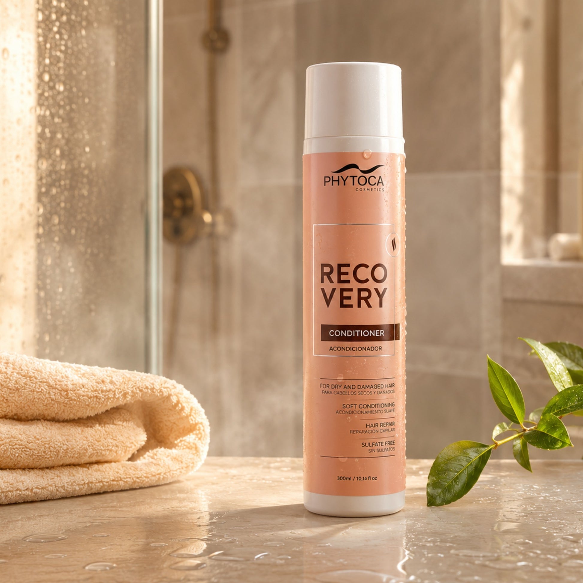 Acondicionador Phytoca USA Recovery en envase rosa para cabello seco y dañado sobre una superficie de piedra húmeda.