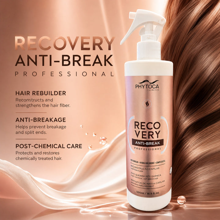 Tratamiento capilar Phytoca USA Recovery Anti-Break en envase con atomizador sobre fondo de seda color cobre