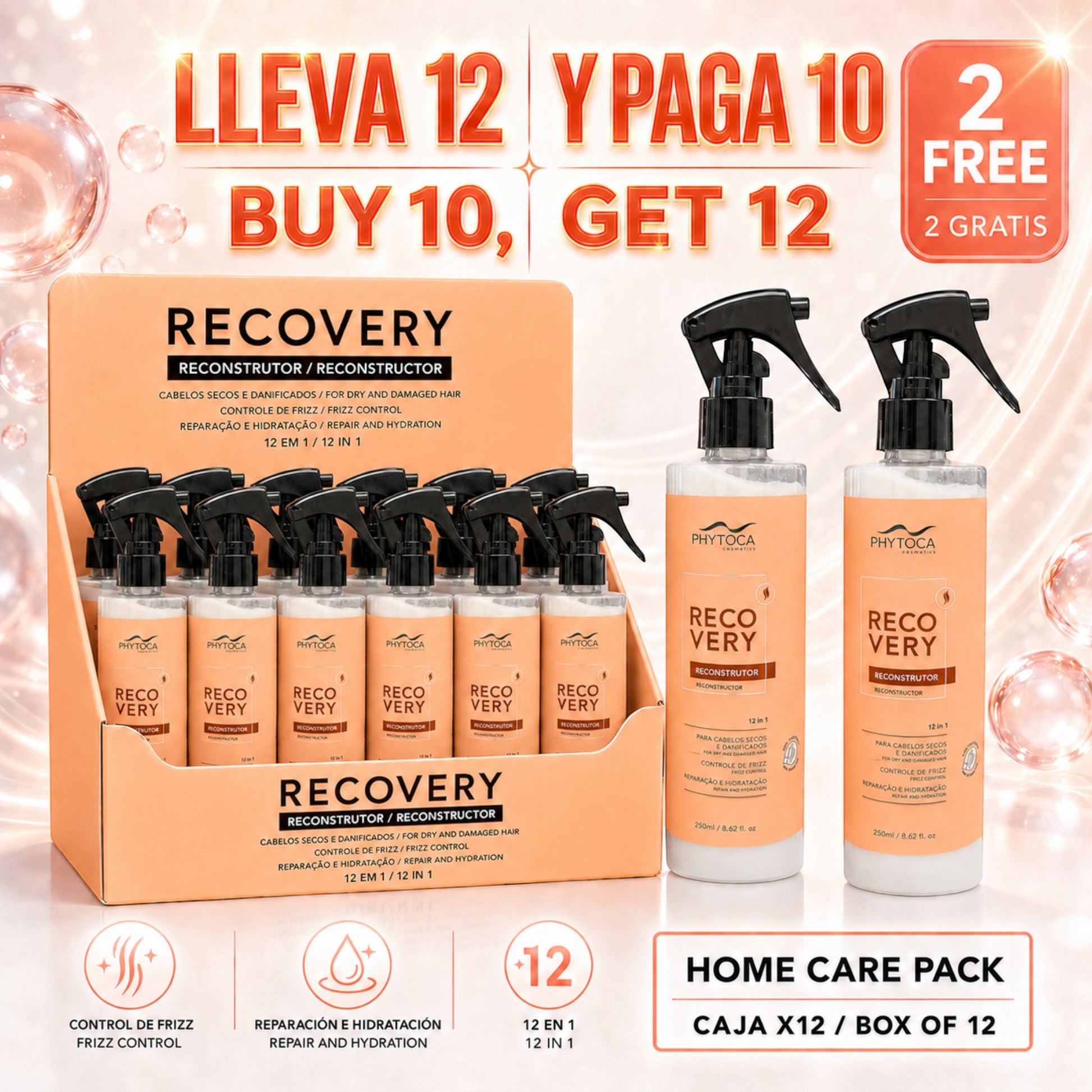 Pack de 12 unidades de Phytoca USA Recovery Reconstructor 12-in-1, spray reparador para cabello seco y dañado.