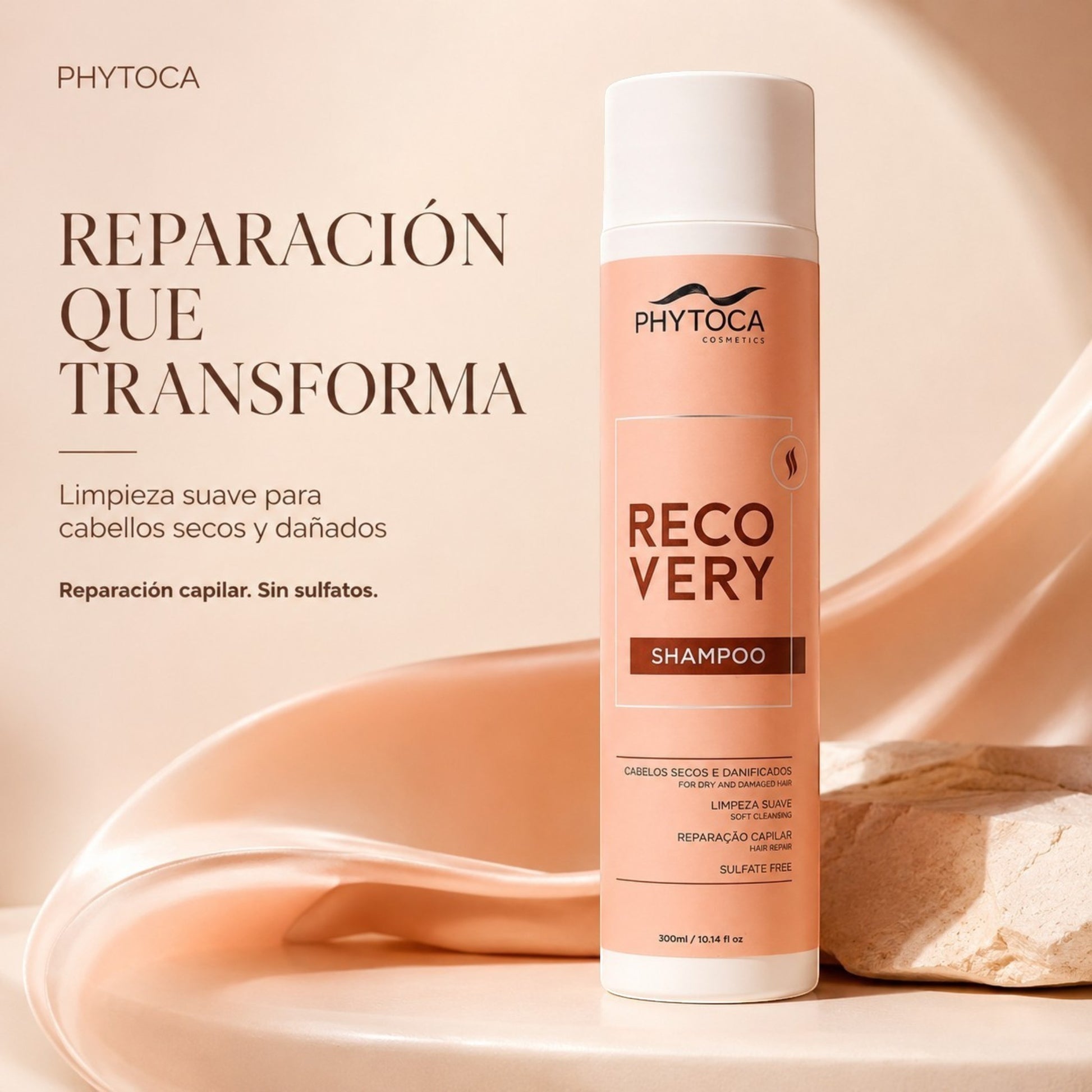 Champú Phytoca USA Recovery para cabello seco y dañado en envase color melocotón con fórmula sin sulfatos