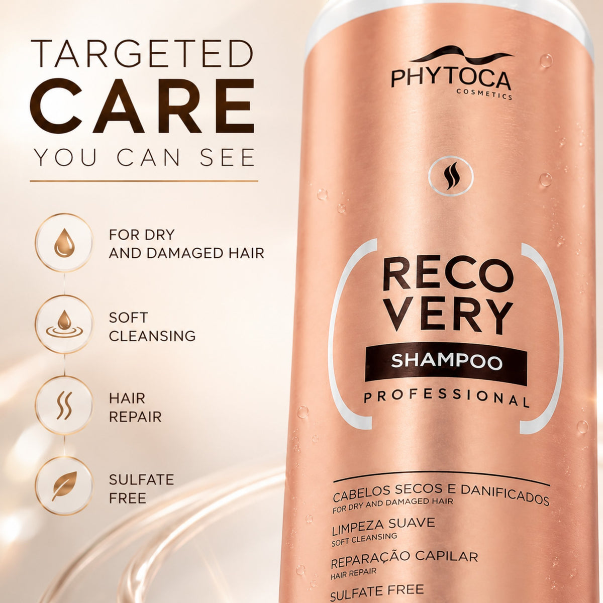 Champú reparador Phytoca USA Recovery de 1 litro para cabello seco y dañado, con fórmula profesional sin sulfatos.