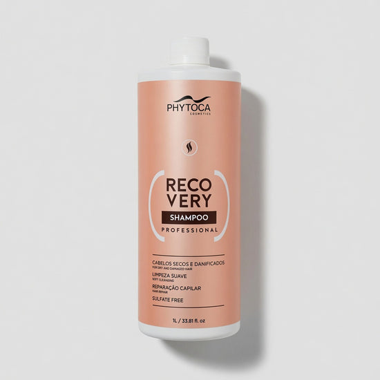 Champú reparador profesional Phytoca USA Recovery de 1 litro en envase color melocotón para cabello dañado.