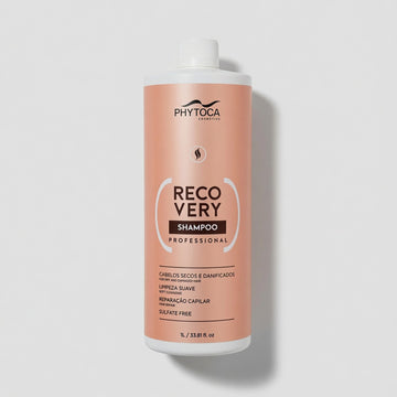 Champú reparador profesional Phytoca USA Recovery de 1 litro en envase color melocotón para cabello dañado.