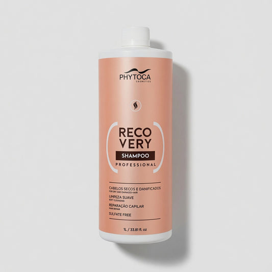 Champú reparador profesional Phytoca USA Recovery de 1 litro en envase color melocotón para cabello dañado.