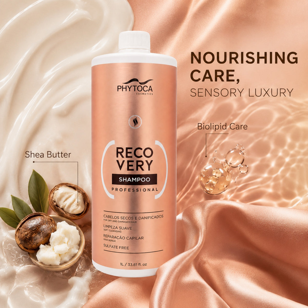 Champú reparador profesional Phytoca USA Recovery de 1 litro para cabello seco y dañado con manteca de karité.