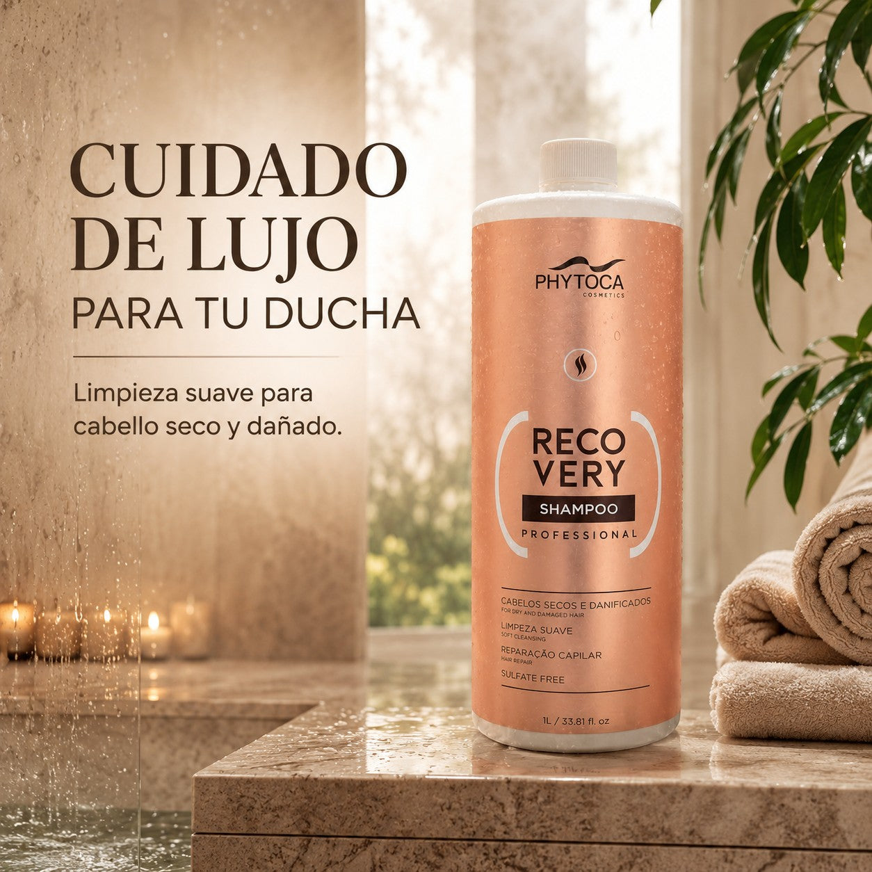Champú reparador Phytoca USA Recovery para cabello seco y dañado en envase profesional de 1 litro en un baño de lujo.