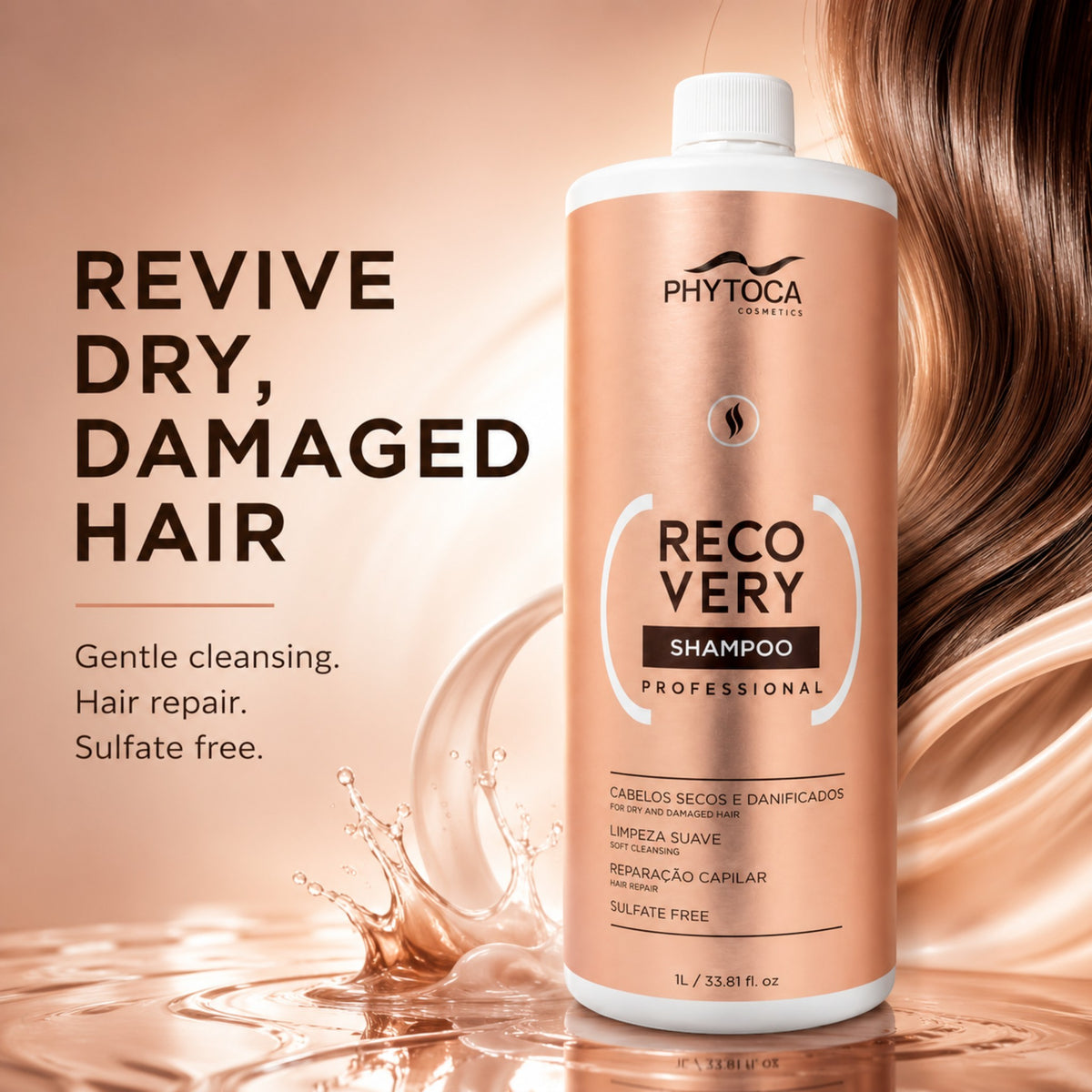 Champú reparador Phytoca USA Recovery de 1 litro para cabello seco y dañado, con fórmula profesional hidratante.