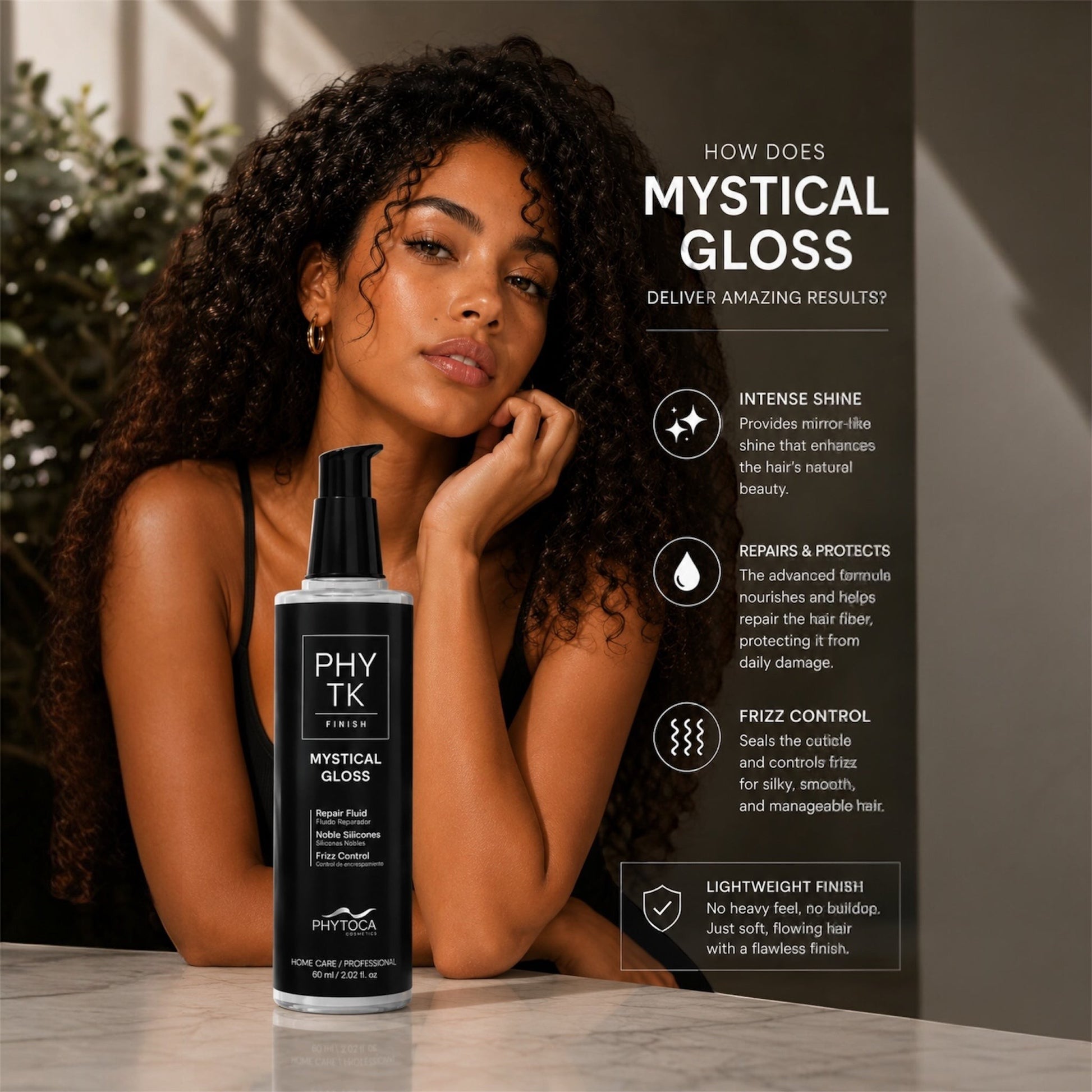 Serum capilar Phytoca USA Mystical Gloss para brillo intenso y control de frizz en una mujer con cabello rizado